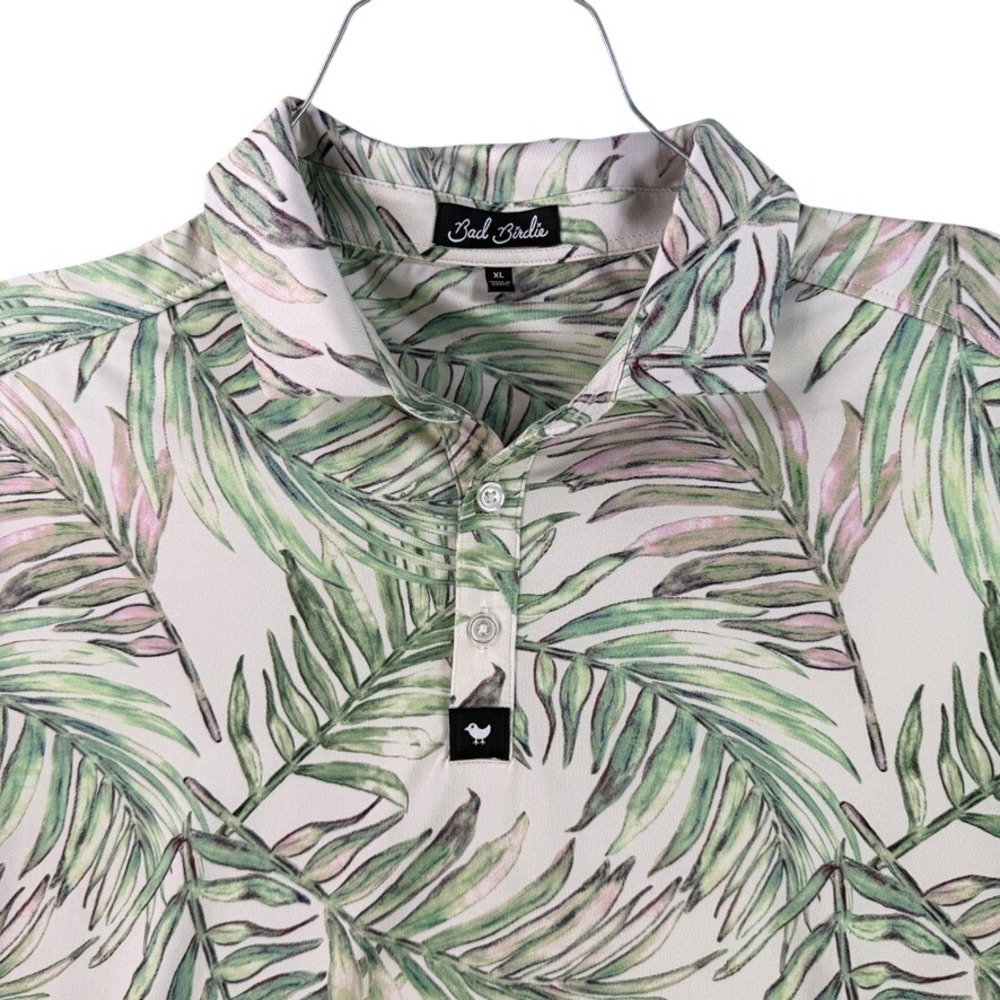 Bad Birdie Polo Shirt Mens XL White Green Tropical Palm‎ Leaf Performance 9830